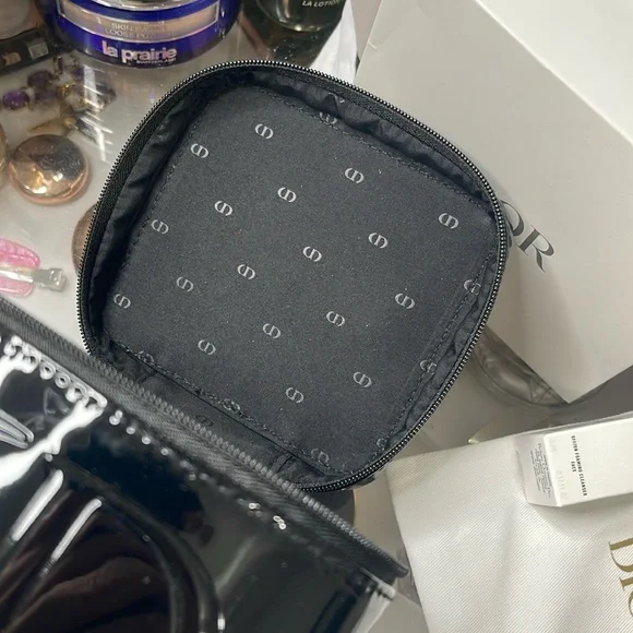 Dior Black Patent Makeup Train Case with White Gold-Logo ribbon & pouch